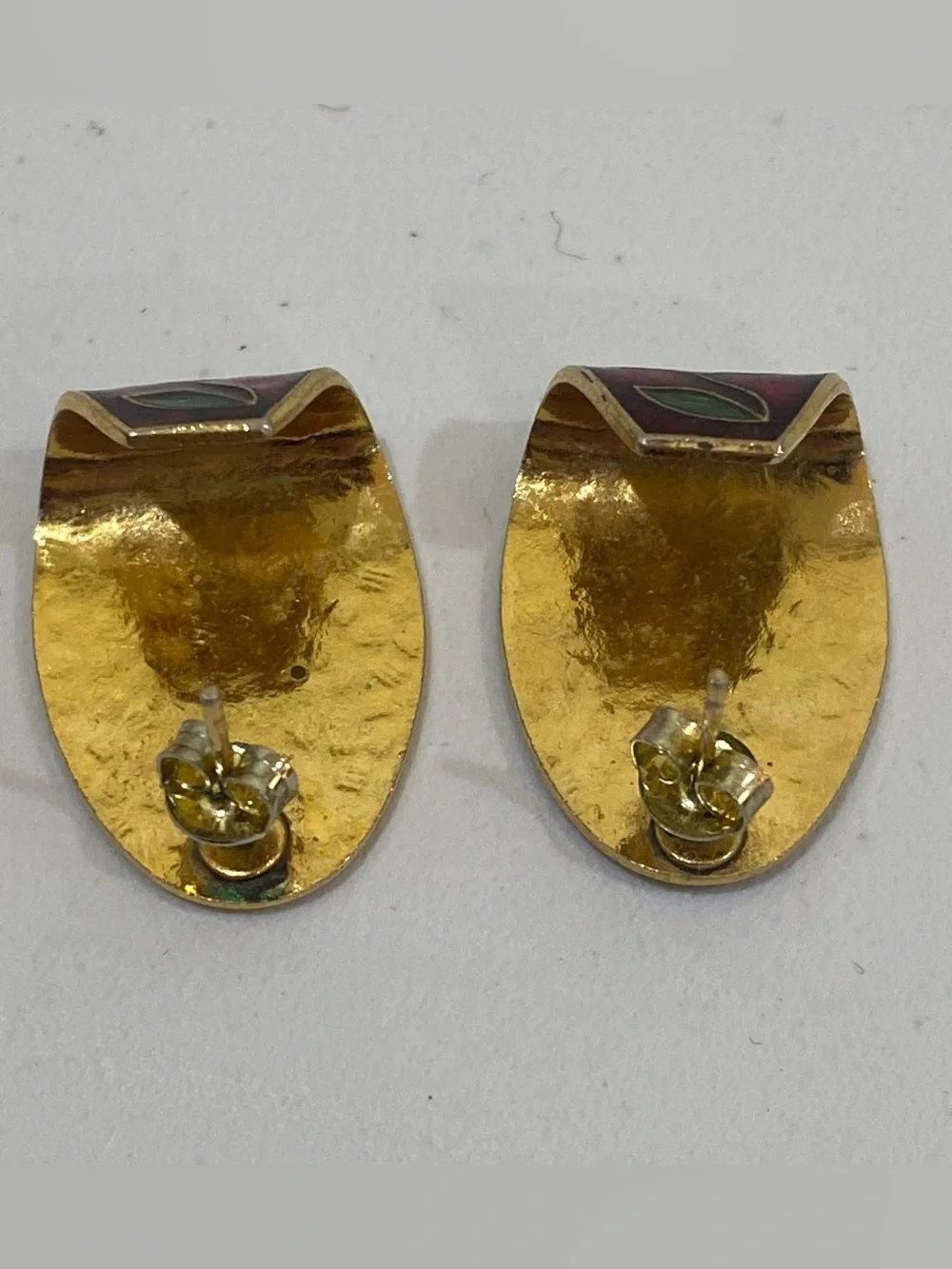 Vintage Cloisonne Enamel Floral Earrings Butterfly Red Gold Tone J Hoop Post